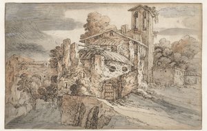 Kerk en antieke ruïnes in Italië door Leonaert Bramer (attributed to)