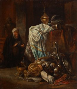 Stilleven met oosterse voorwerpen en metalen vaten