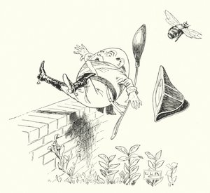 Humpty Dumpty zat op een muur (gravure)