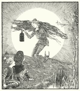 De man in de maan, kwam naar beneden tuimelen (gravure) door Leonard Leslie Brooke