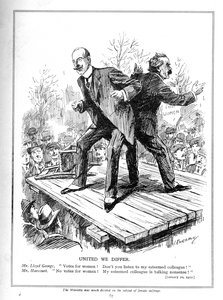 Lloyd George en Harcourt, beide ministers in de Liberale Regering, oneens over het geven van stemmen aan vrouwen, 1910 door Leonard Raven Hill