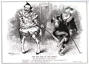 Lloyd George, als voorzitter van de Raad van Handel, beschermt de Britse industrie tegen Duitse concurrentie door de 