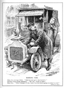 Lloyd George wordt vertraagd bij het brengen van een patiënt naar de dokter onder zijn National Health Insurance Act, 1913