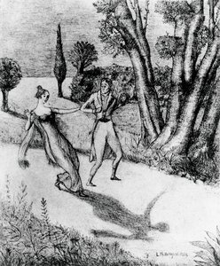 Peter, angstaanjagende schaduwloze man, illustratie bij Het wonderbaarlijke verhaal van Peter Schlemihl, novelle van Adalbert von Chamisso (1781-1838), litho naar schilderij van Leonardo Borgese (1904-1986), uitgegeven door Modiano door Leonardo Borgese