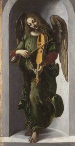 Een engel in groen die de draailier bespeelt door Leonardo da (circle of) Vinci