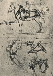 Een aangespannen trekpaard en studies van harnas door Leonardo da Vinci