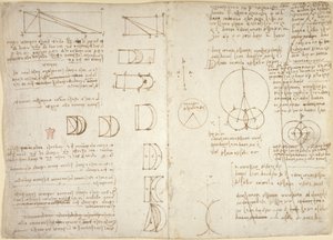Tekeningen over de mechanische krachten en krachten, percussie, zwaartekracht, beweging, optica en astronomie, met verschillende rekenkundige en geometrische stellingen door Leonardo da Vinci
