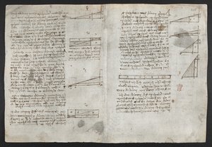 Tekeningen over mechanische krachten en krachten, percussie, zwaartekracht, beweging, optica en astronomie, met verschillende rekenkundige en geometrische stellingen (illustratie uit Leonardo