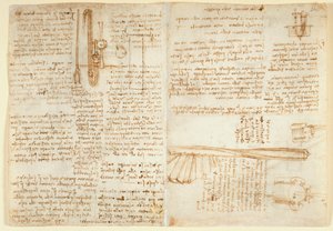 Arundel 263 f.269v, f.264 Notities en schets van een hydraulisch apparaat, uit 