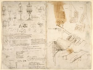Schetsen van scharnierende lampen; aantekeningen over mechanica; wiskundige berekeningen; geometrische schetsen