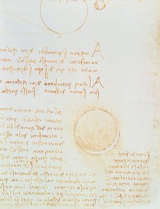 Detail van fol. 2r, uit de Codex Leicester, toont de buitenste helderheid van de maan door Leonardo da Vinci