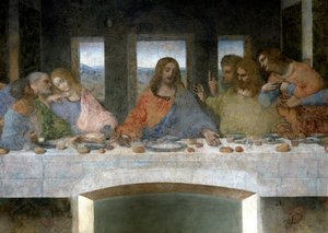 (detail) van het Laatste Avondmaal, links Judas, Petrus en Johannes, Christus in het midden door Leonardo da Vinci