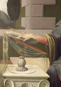 Detail van de Maagd Maria, uit De Aankondiging (post restauratie) door Leonardo da Vinci