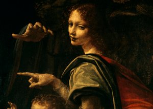 Detail van de Maagd met de rotsen, Sint Johannes de Doper wijst met zijn vinger en hand van de Maagd Maria door Leonardo da Vinci