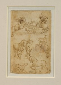 Twee ruiters in gevecht met een draak; een ruiter en twee paarden; een hond en een paard ... door Leonardo da Vinci