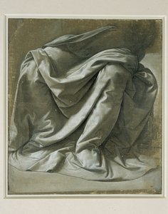 Draperie voor een zittende figuur, penseel en grijze tempera, wit gehoogd op grijs geprepareerd linnen doek ... door Leonardo da Vinci