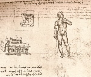 Tekening van plannen voor een kasteel en een naaktfiguur, gewassen met Indische inkt, ca. 1472-1519