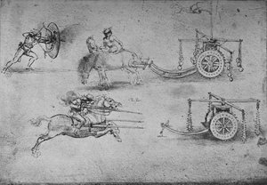 Tekeningen van Wagens Bewapend met Vlegels, van een Boogschutter met een Schild, c1480, 1945