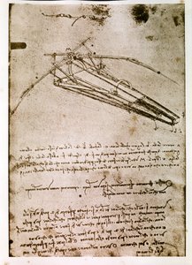 Fragment uit een Da Vinci manuscript dat het principe en de constructie van een "vliegende machine" beschrijft (manuscript) door Leonardo da Vinci