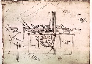 Uittreksel uit een Da Vinci Manuscript dat het principe en de constructie beschrijft van een "Hydraulische zaag met automatische doorvoer" (manuscript) door Leonardo da Vinci