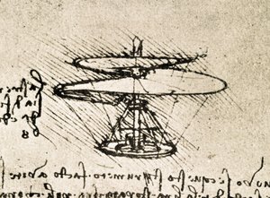 Fragment uit een Da Vinci manuscript dat het principe en de constructie van de "Aerial Screw (Helicopter)" beschrijft (manuscript) door Leonardo da Vinci