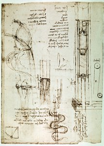 Fragment uit een Da Vinci Manuscript dat het principe en de constructie van een "Pile Drive (Pile Mallet)" beschrijft (manuscript) door Leonardo da Vinci
