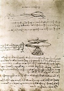 Fragment uit een Da Vinci manuscript dat het principe en de constructie van de "Aerial Screw (Helicopter)" beschrijft (manuscript) door Leonardo da Vinci