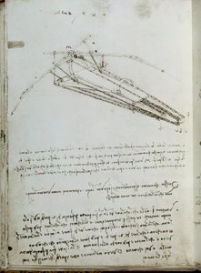 Vliegmachine tekening. Manuscript door Leonardo da Vinci