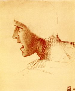 Hoofd van schreeuwende en aanvallende krijger door Leonardo da Vinci
