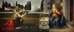 Italië Toscane Florence, Uffizi Galerij: De Annunciatie, schilderij door Leonardo da Vinci (1452-1519), ca. 1472-1475, 98x217 cm door Leonardo da Vinci