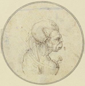 Karikatuur van een oude vrouw, borstbeeld met een roos op de borst, in profiel naar rechts door Leonardo da Vinci