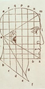 Proportiestudie van het menselijk hoofd door Leonardo da Vinci