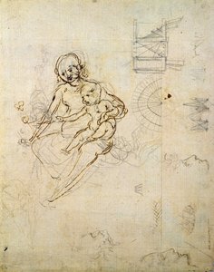 Studies voor een Madonna en Kind en van hoofden in profiel en machines, c.1478-80 door Leonardo da Vinci