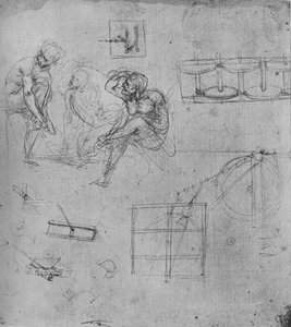 Drie zittende figuren en studies van machines, 1480-1481, 1945