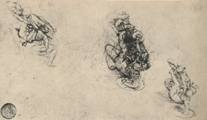 Drie studies van een man die een gevallen vijand neerstak, ca. 1480 door Leonardo da Vinci