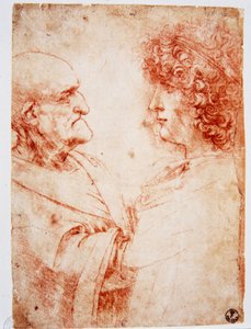 Twee mannenprofielen, een oude man en een jonge man. De jonge man vertegenwoordigt Gian Giacomo Caprotti, bekend als Andrea Salai of Salaij (circa 1480-1524), leerling en minnaar van Leonardo da Vinci. Tekening a la sanguine door Leonardo da Vinci (Leonard