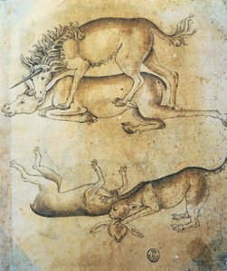 Eenhoorn die een koe aanvalt en luipaard die een schaap aanvalt, studie van dieren door Leonardo da Vinci