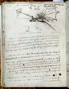 Vleugeltraining. Vliegmachine tekening. Manuscript van Leonardo da Vinci door Leonardo da Vinci