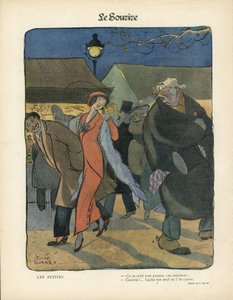 Illustratie van Leonce Burret (1865-1915) in Le Smile, nr. 4, 23/01/13 - Les petites - Nocturne, Prostitutie, Papieren casseroles, Vloerlamp, Bont