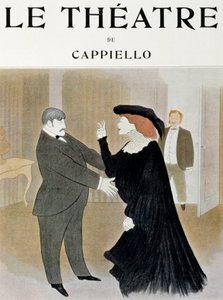 De acteurs Lucien Guitry en Jane Harding in een scène uit La Chatelaine, uitgevoerd in het Renaissance Theatre in Parijs door Leonetto Cappiello