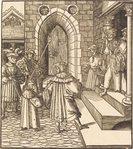 Drie mannen en een jongen in de binnenplaats van een kasteel, rechts drie mannen op een trap door Leonhard Beck