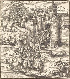Verschillende mannen knielen op een brug voor een stad door Leonhard Beck