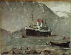 Passagiersstoomboot van Hamburg-Süd in een Noorse fjord door Leonhard Sandrock
