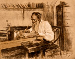 Graaf Lev Tolstoj in zijn studeerkamer. 1908 (litho)