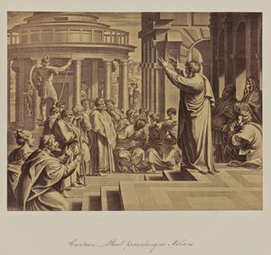 Spotprent - Paulus preekt in Athene. door Leonida Caldesi