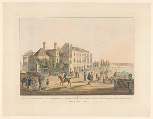 Gezicht op de koffiehuizen tegenover de brug tussen Wenen en Leopoldstadt door Leopold Beyer