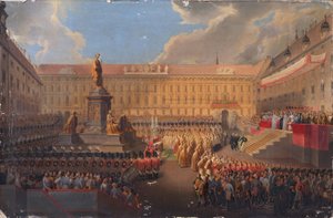 Onthulling van het monument voor keizer Frans I van Oostenrijk op 19 juni 1846 op het Weense Franzensplatz