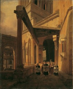 Zicht op een zuilengang in de tempel van Diana in Spalato door Leopold Ernst