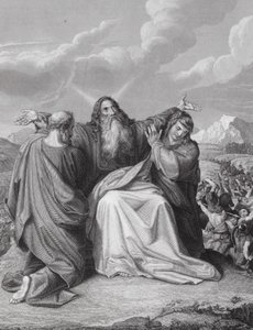Het omhooghouden van de handen van Mozes, Exodus, Hoofdstuk 17, vers 12 door Leopold Kupelwieser