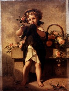 Portret van een klein meisje met een roos. Schilderij door Leopold Moulignon (1821-1897) 19e eeuw